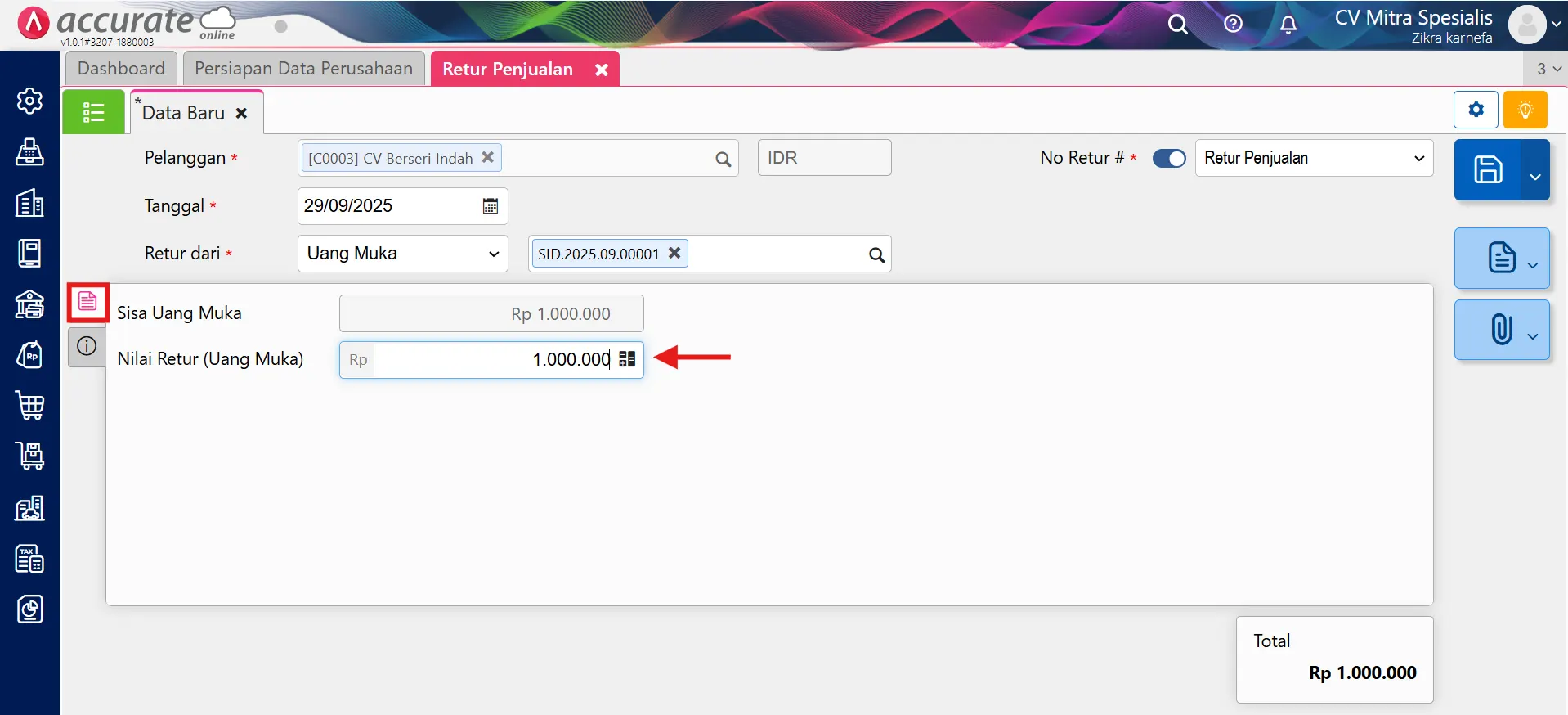 Cara retur penjualan untuk uang muka